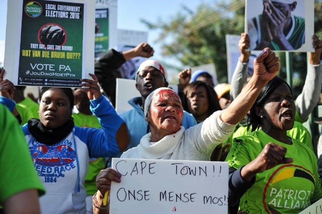 Protestors from the Patriotic Alliance protest outside the Eersterust Civic Centre. Some wore bandages and fake blood as a reference to gang violence in coloured communities. Picture: Jacques Nelles - The Citizen